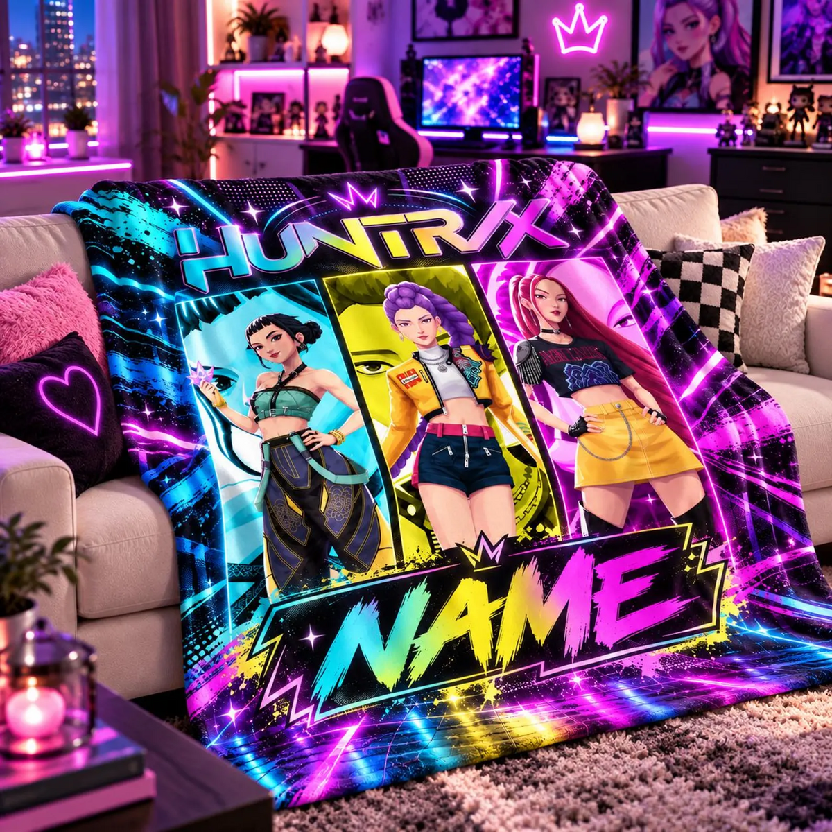 KPop Demon Hunters Huntrix Neon Personalized Blanket