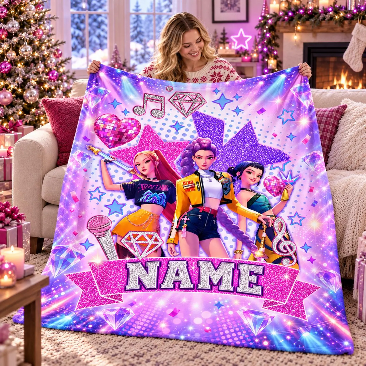 KPop Demon Hunters Huntrix Glitter Personalized Blanket
