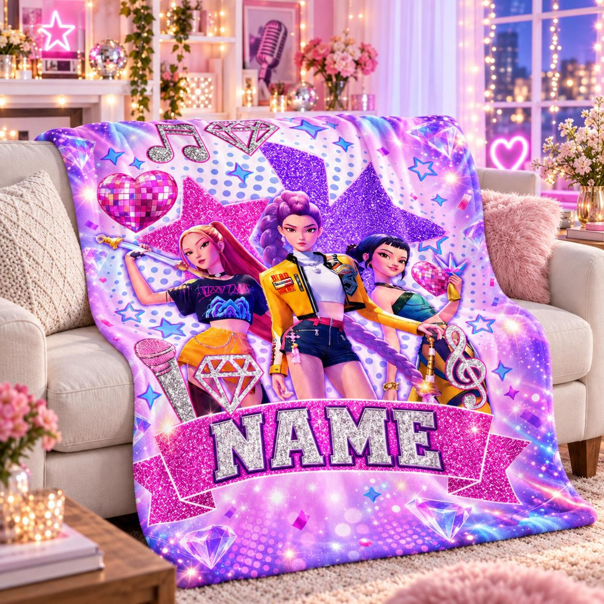 KPop Demon Hunters Huntrix Glitter Personalized Blanket